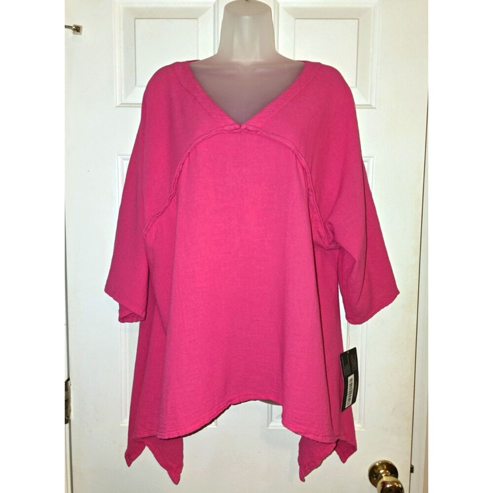 Abaca Cotton Gauze Tunic Top Resortwear Pink Asymmetric O/S Coastal Grandma NWT